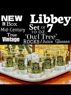 🆕NIB▪️VTG▪️LIBBEY▪️Mid-Century Set 7 OWL TREE 10 OZ Stain Glass Juice Glasses